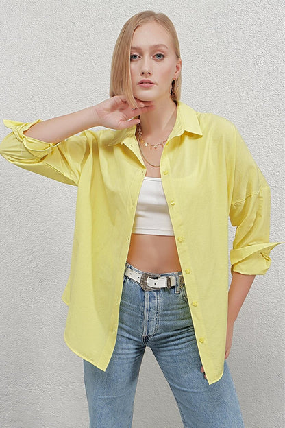 Women's Yellow Oversize Long Basic Shirt Hzl22w-bd139001