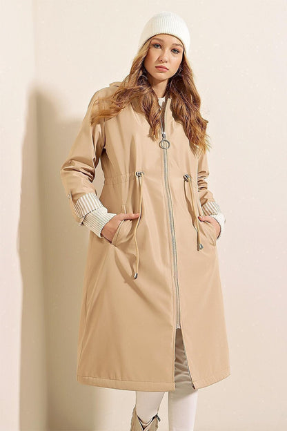 9091 Gathered Waist Hooded Trench Coat - Beige