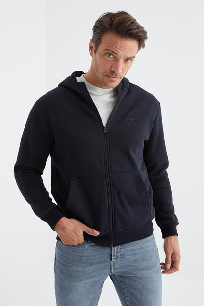 Navy Blue Basic Hooded Comfortable Form Embroidery Detailed Zippered Men's Sweatshirt - 88035