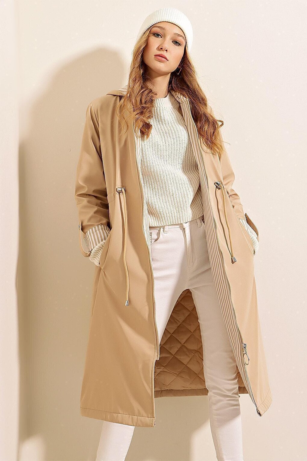 9091 Gathered Waist Hooded Trench Coat - Beige