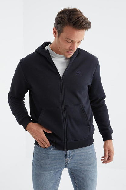 Navy Blue Basic Hooded Comfortable Form Embroidery Detailed Zippered Men's Sweatshirt - 88035