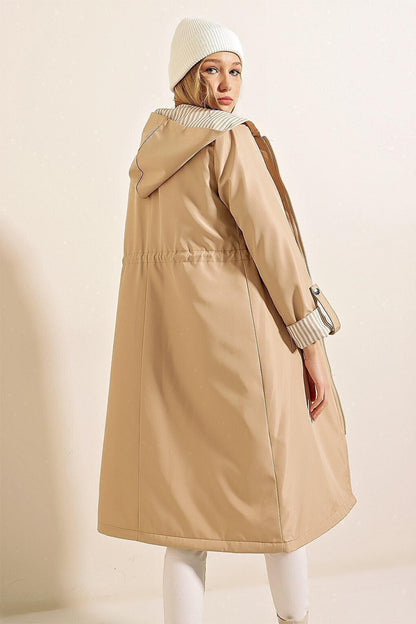 9091 Gathered Waist Hooded Trench Coat - Beige