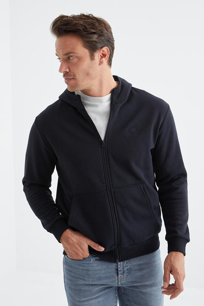 Navy Blue Basic Hooded Comfortable Form Embroidery Detailed Zippered Men's Sweatshirt - 88035