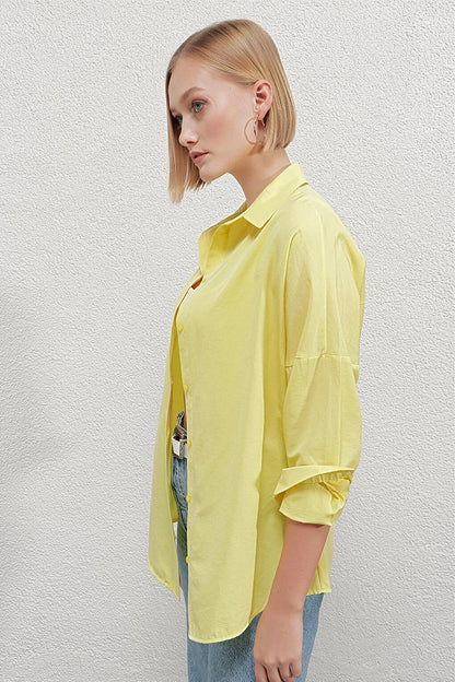 Women's Yellow Oversize Long Basic Shirt Hzl22w-bd139001