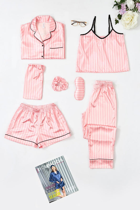 7-Piece Pink Striped Satin Pajama Set