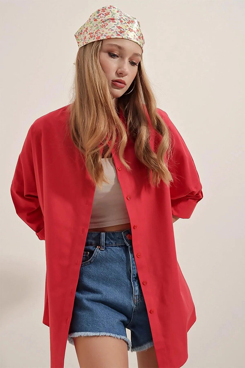 Red Plain Plain Araboy Basic Oversize Shirt