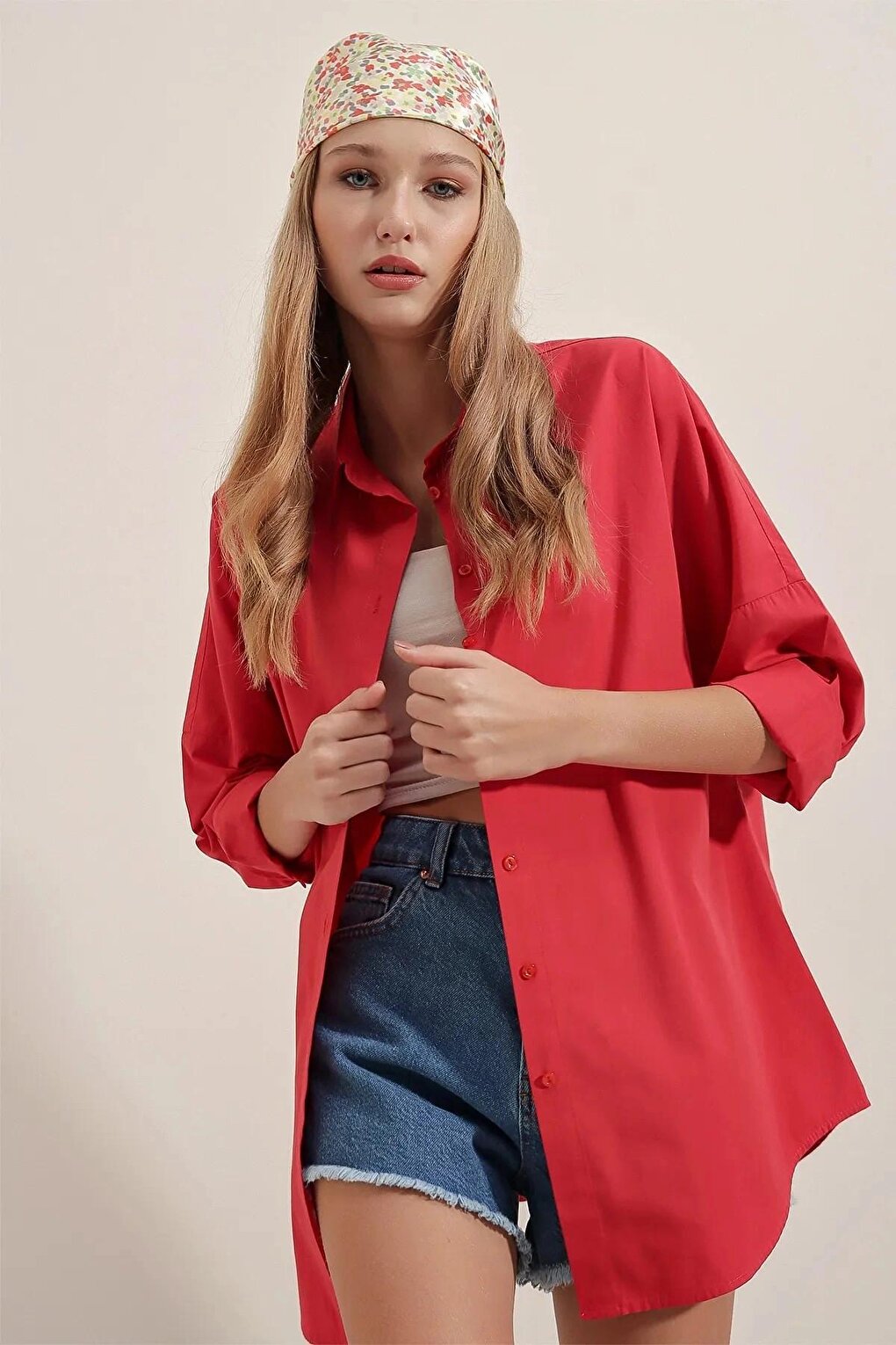 Red Plain Plain Araboy Basic Oversize Shirt