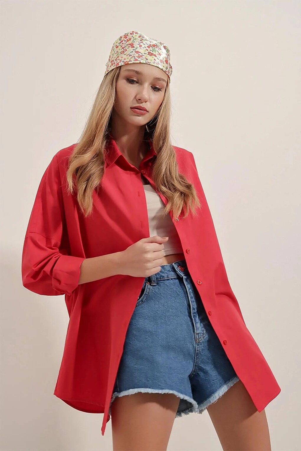 Red Plain Plain Araboy Basic Oversize Shirt