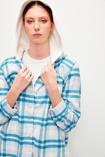 Hooded Plaid Lumberjack Shirt-Blue