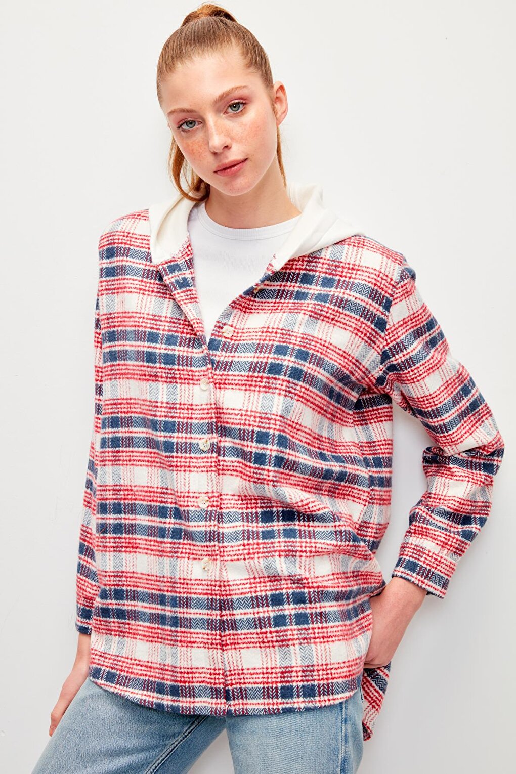 Hooded Plaid Lumberjack Shirt-Red