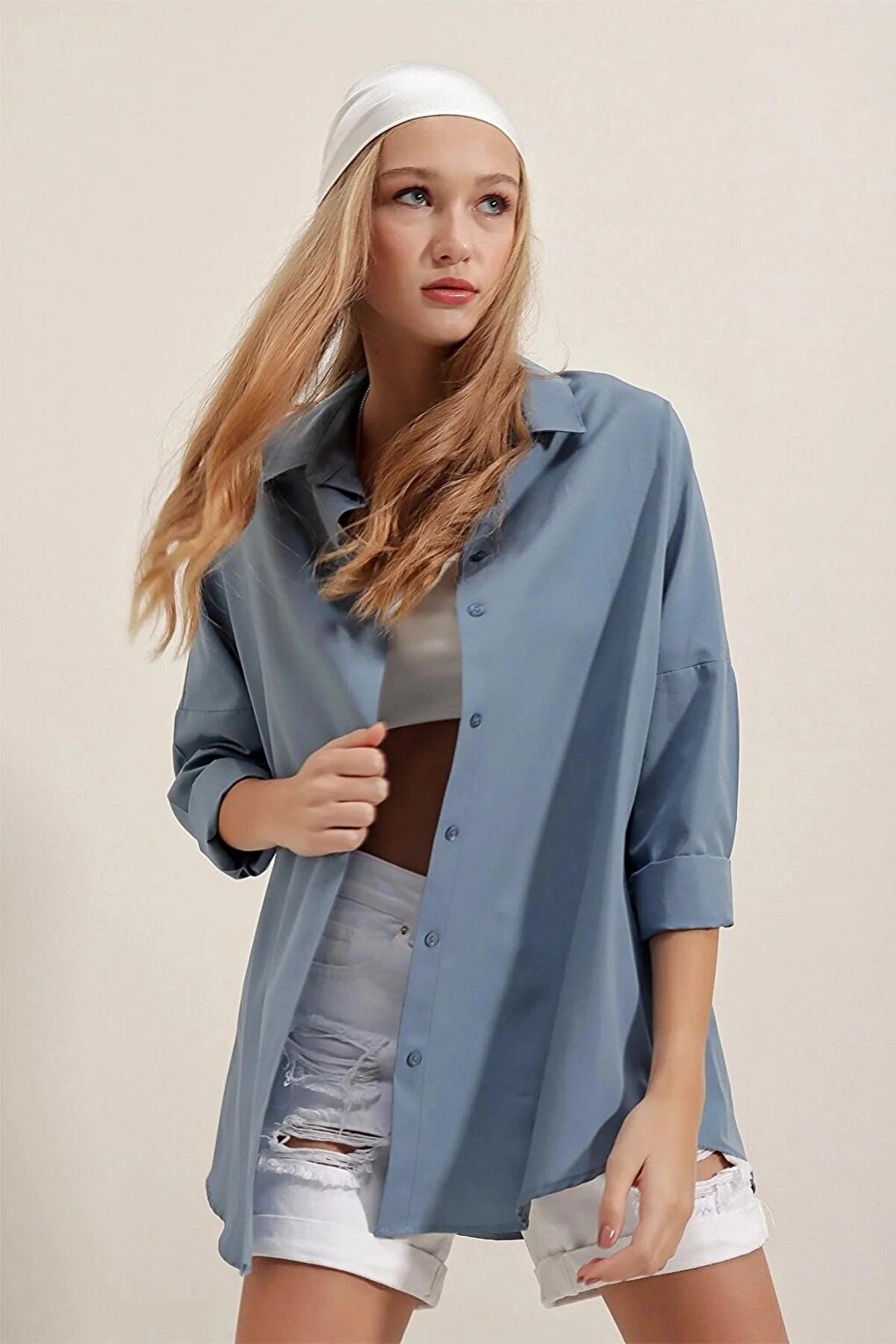 Indigo Plain Plain Araboy Basic Oversize Shirt