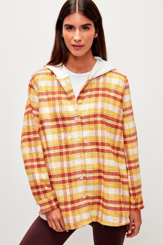 Hooded Plaid Lumberjack Shirt-Yellow