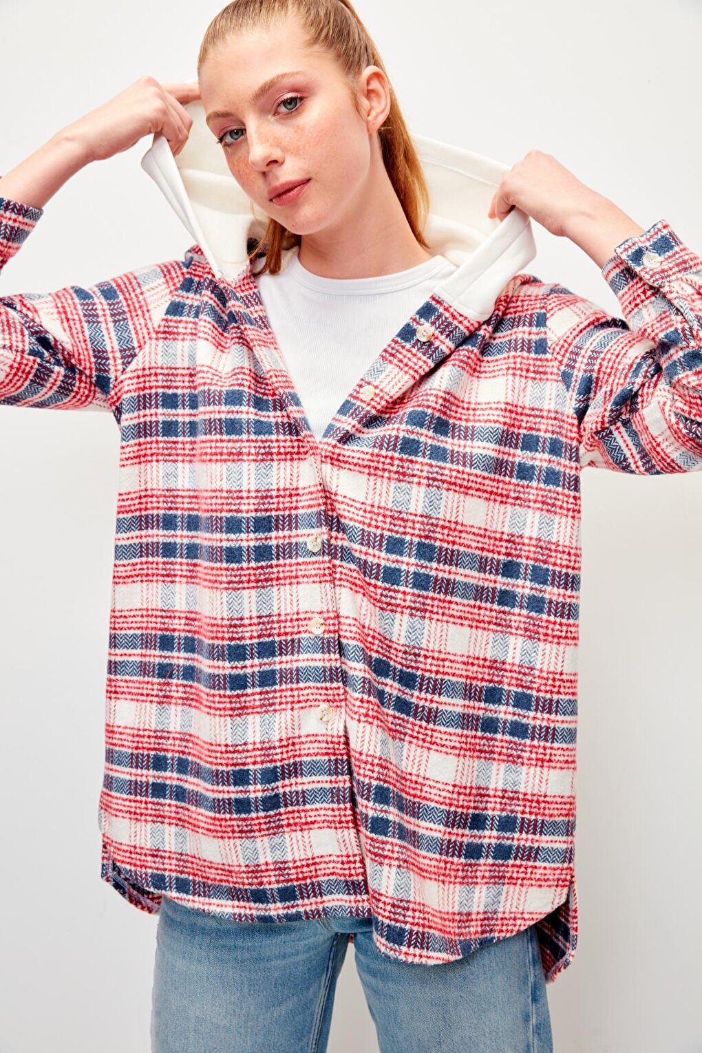 Hooded Plaid Lumberjack Shirt-Red