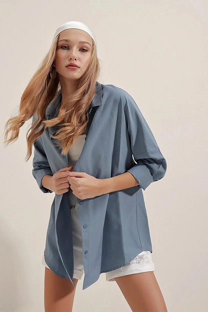 Indigo Plain Plain Araboy Basic Oversize Shirt