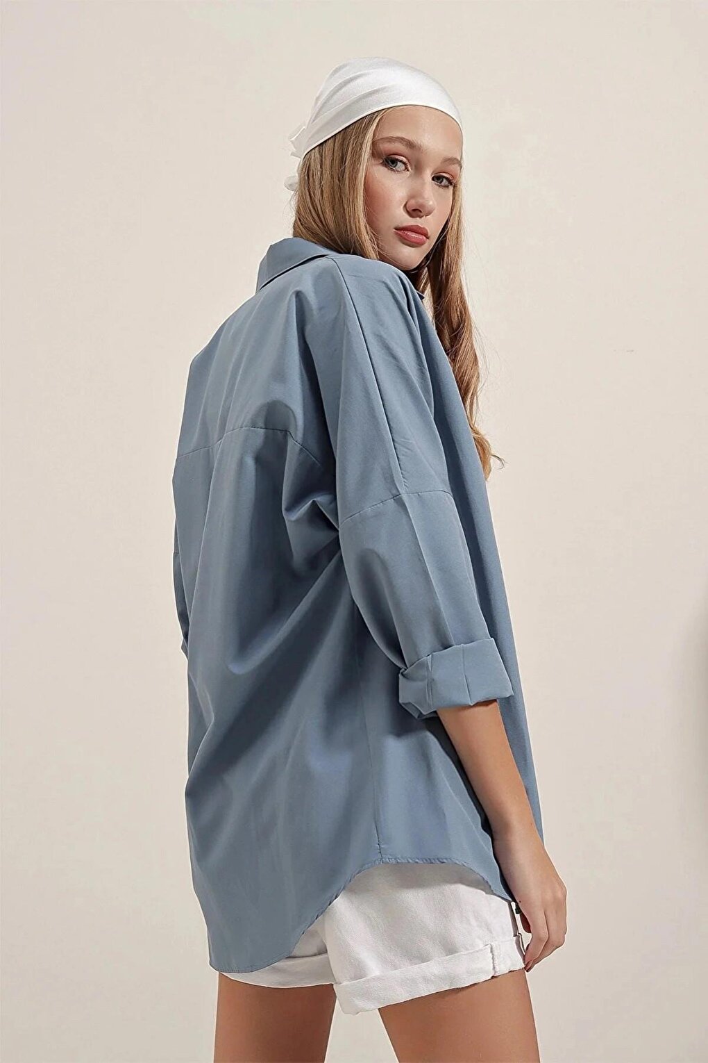 Indigo Plain Plain Araboy Basic Oversize Shirt