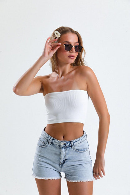 Strapless Cut Regular Fit Flexible Fabric Crop Blouse