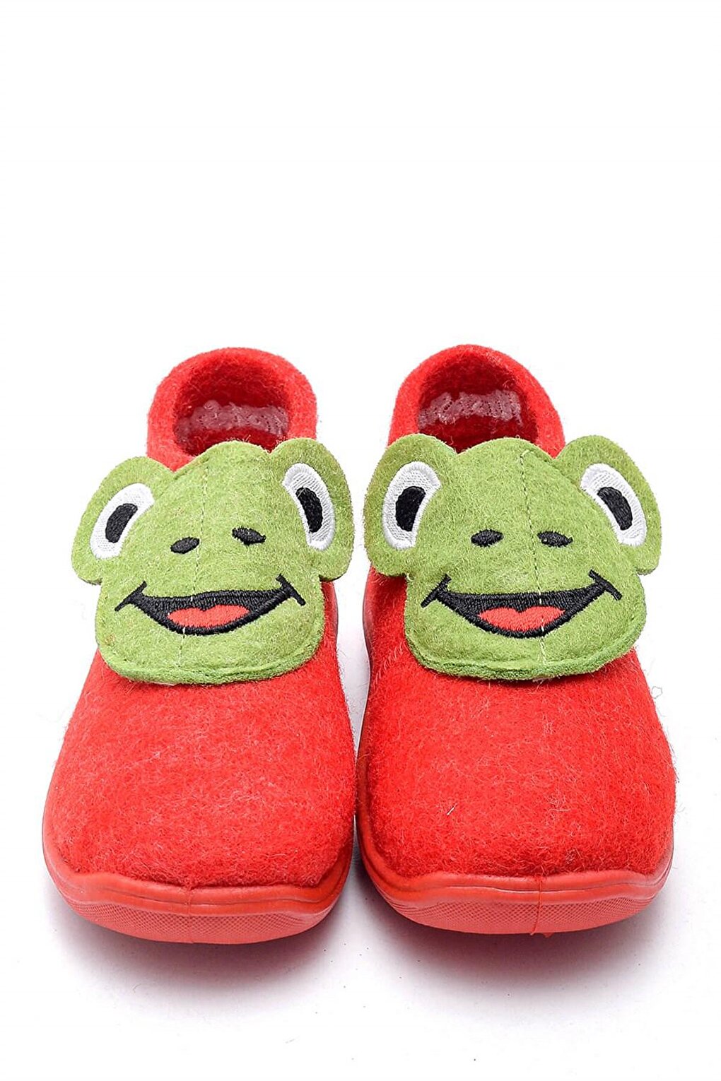 Three-Dimensional Frog Embroidered Red Felt Children's Slippers