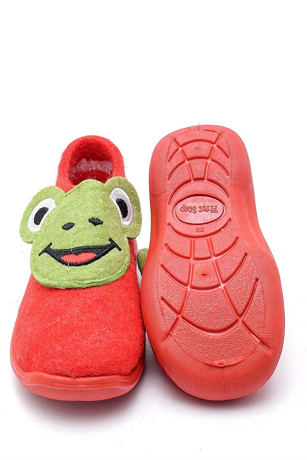 Three-Dimensional Frog Embroidered Red Felt Children's Slippers