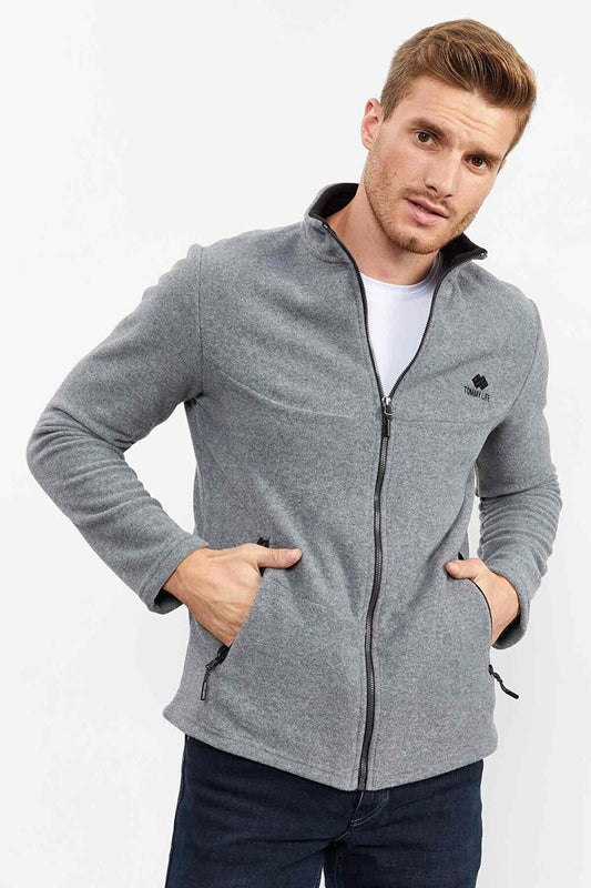 Gray Melange Stand-Up Collar Zippered Standard Fit Men's Fleece Sweatshirt - 87993