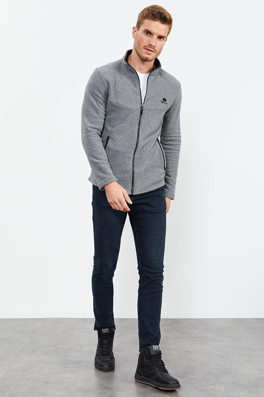 Gray Melange Stand-Up Collar Zippered Standard Fit Men's Fleece Sweatshirt - 87993