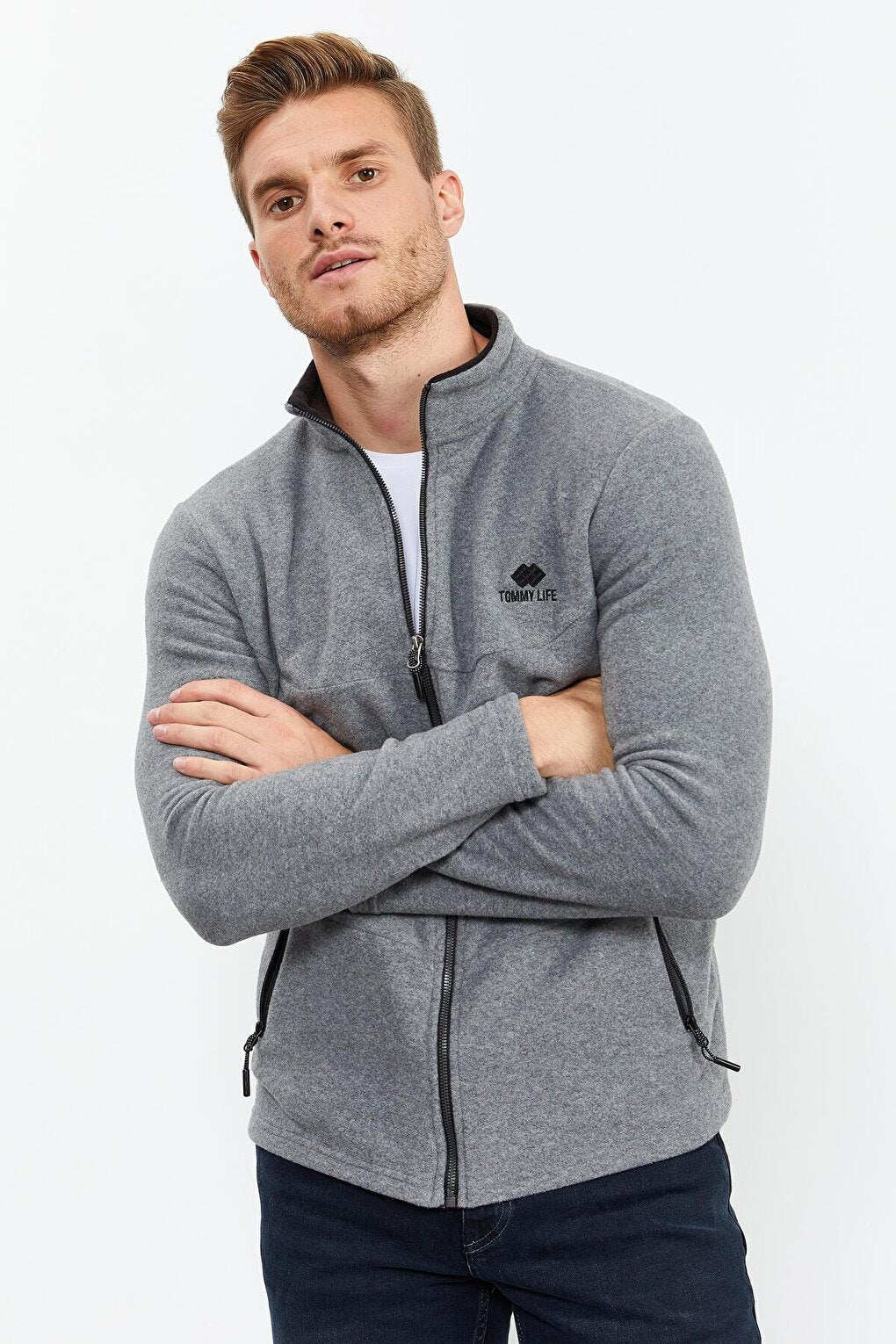 Gray Melange Stand-Up Collar Zippered Standard Fit Men's Fleece Sweatshirt - 87993