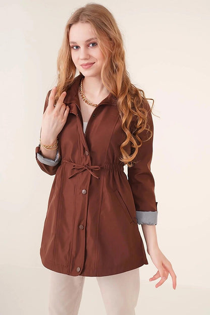 Women's Brown Pocket Detailed, Gathered Waist, Lined Trench Coat HZL22W-BD156691