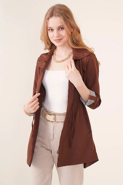 Women's Brown Pocket Detailed, Gathered Waist, Lined Trench Coat HZL22W-BD156691