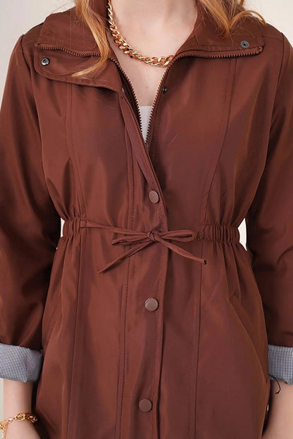 Women's Brown Pocket Detailed, Gathered Waist, Lined Trench Coat HZL22W-BD156691