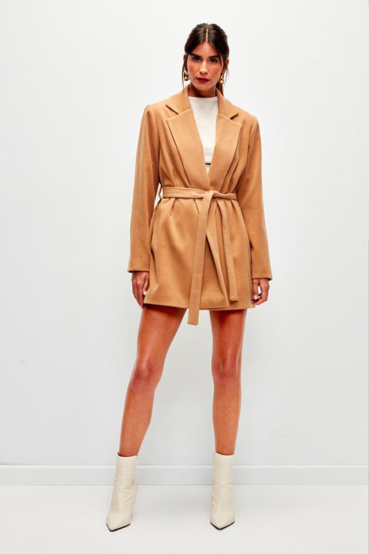 Solid Color Belted Double Breasted Collar Coat-Tan