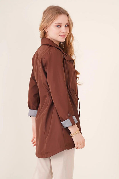 Women's Brown Pocket Detailed, Gathered Waist, Lined Trench Coat HZL22W-BD156691