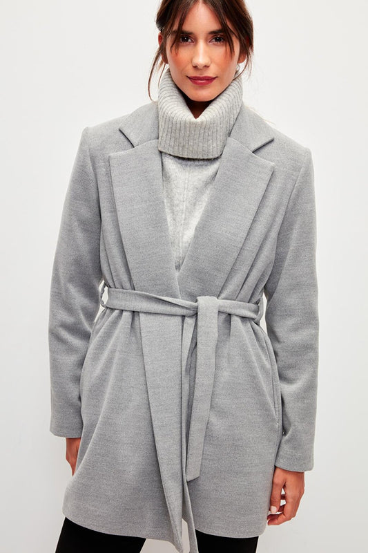 Solid Color Belted Double Breasted Collar Coat-Grey