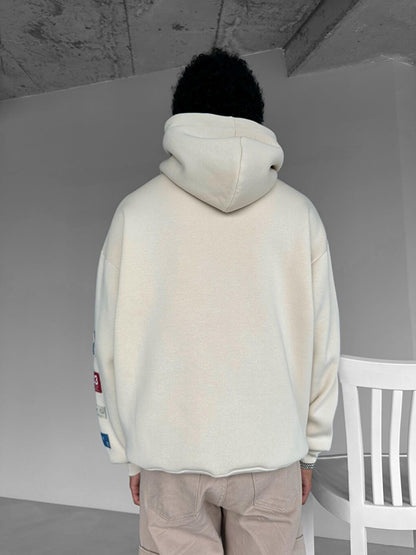 Oversize Printed Hooded Sweatshirt Beige