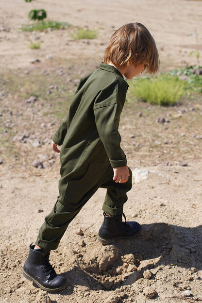 Khaki Gabardine Collar and 3 Pocket Jumpsuit