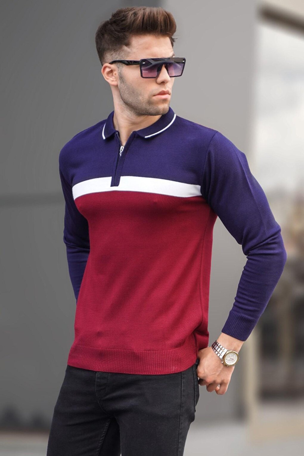 Claret Red Zippered Polo Neck Knitwear Sweater 5787