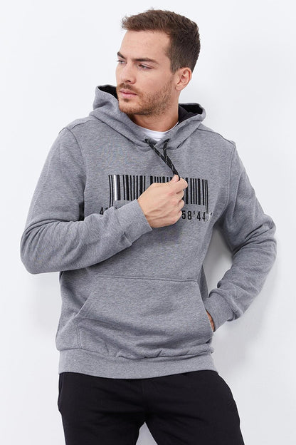 Gray Melange Embroidered Kangaroo Pocket Standard Fit Hooded Men's Sweatshirt - 87839