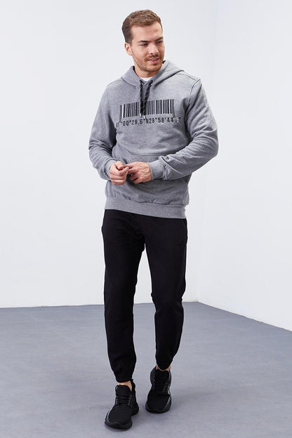 Gray Melange Embroidered Kangaroo Pocket Standard Fit Hooded Men's Sweatshirt - 87839