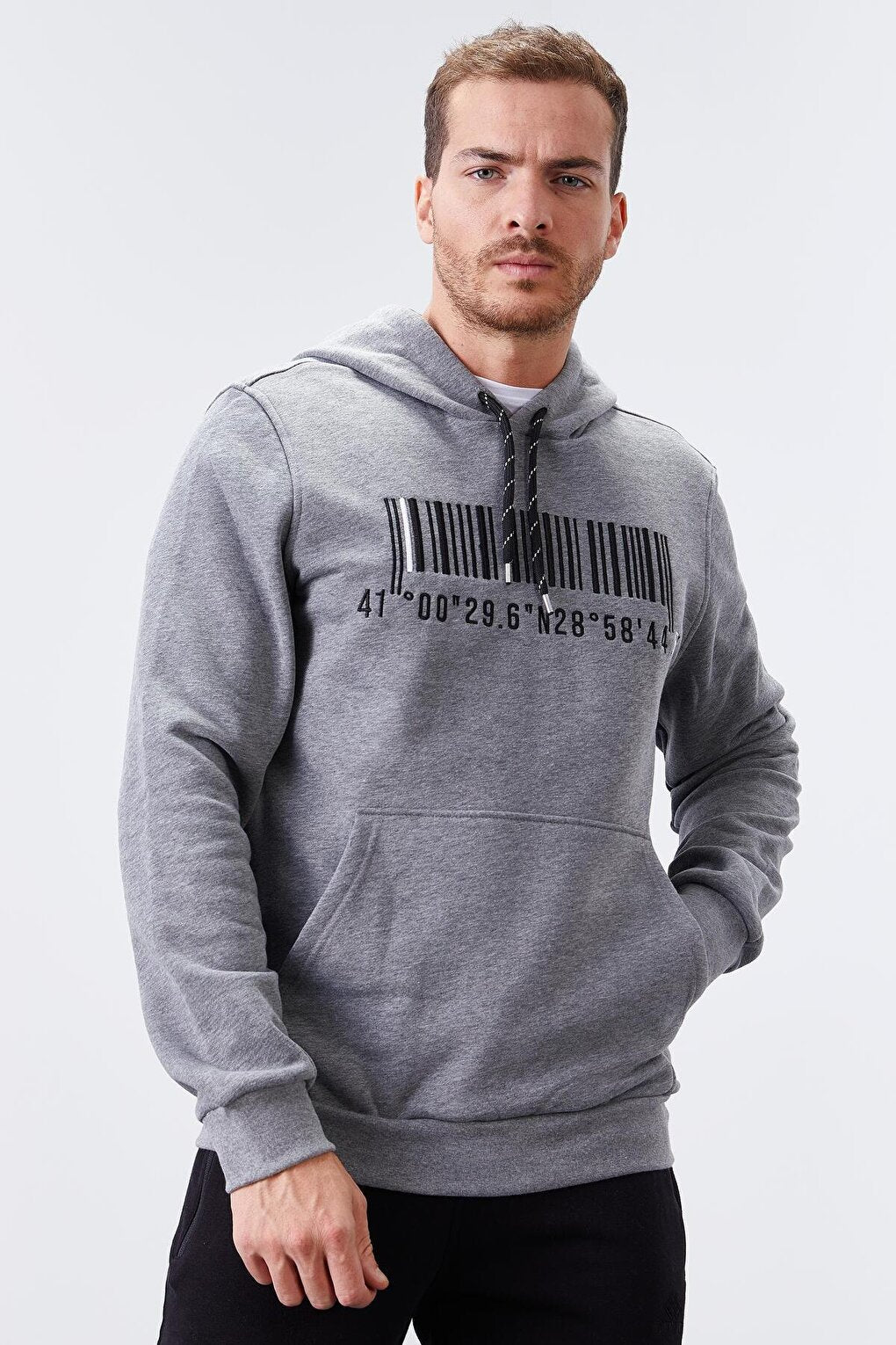 Gray Melange Embroidered Kangaroo Pocket Standard Fit Hooded Men's Sweatshirt - 87839