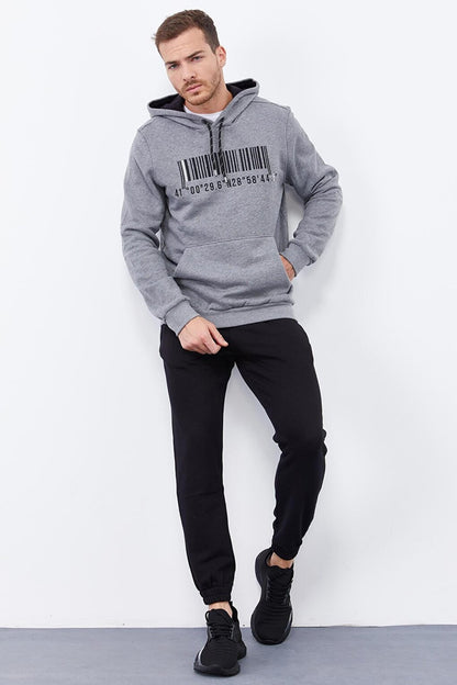 Gray Melange Embroidered Kangaroo Pocket Standard Fit Hooded Men's Sweatshirt - 87839