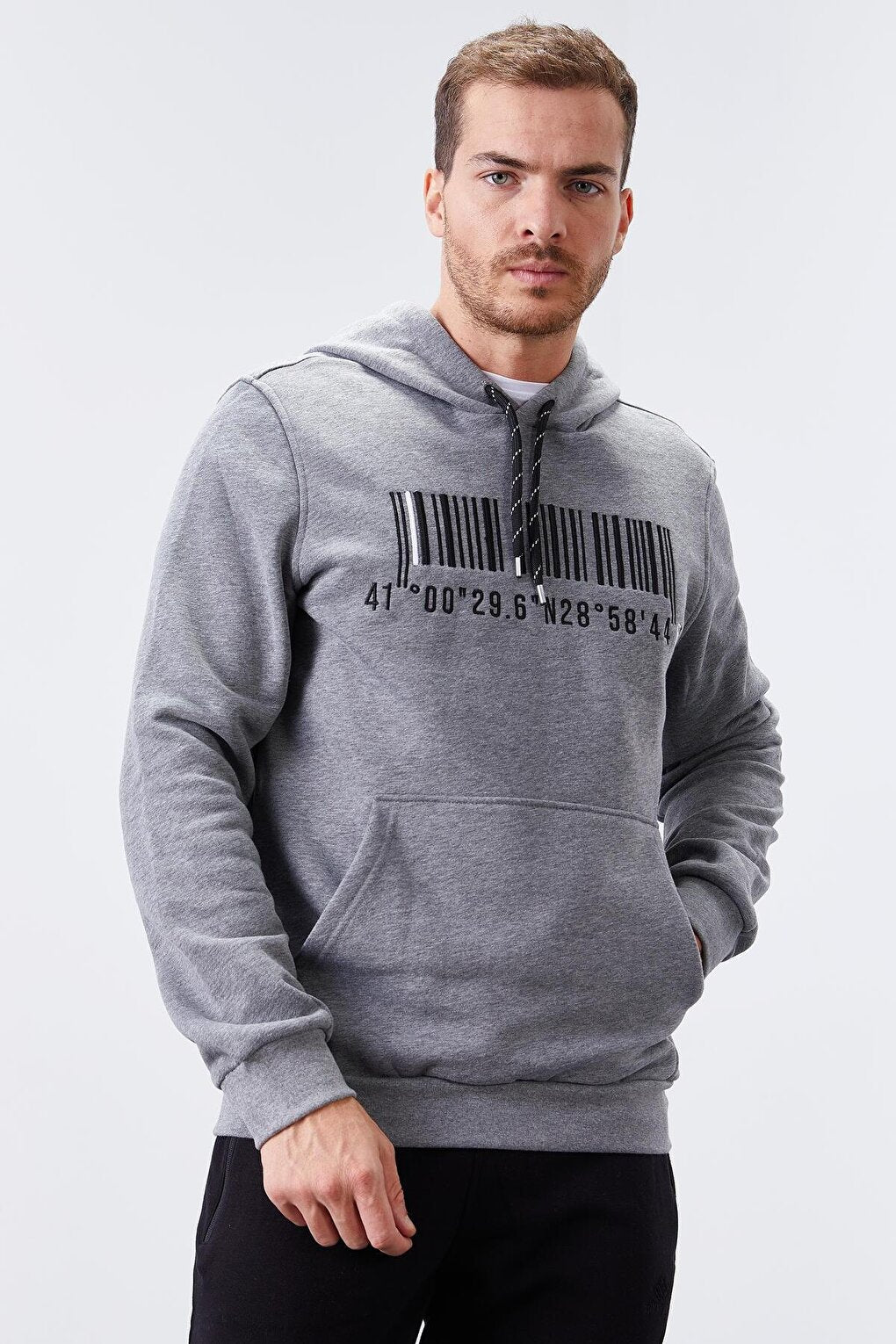 Gray Melange Embroidered Kangaroo Pocket Standard Fit Hooded Men's Sweatshirt - 87839