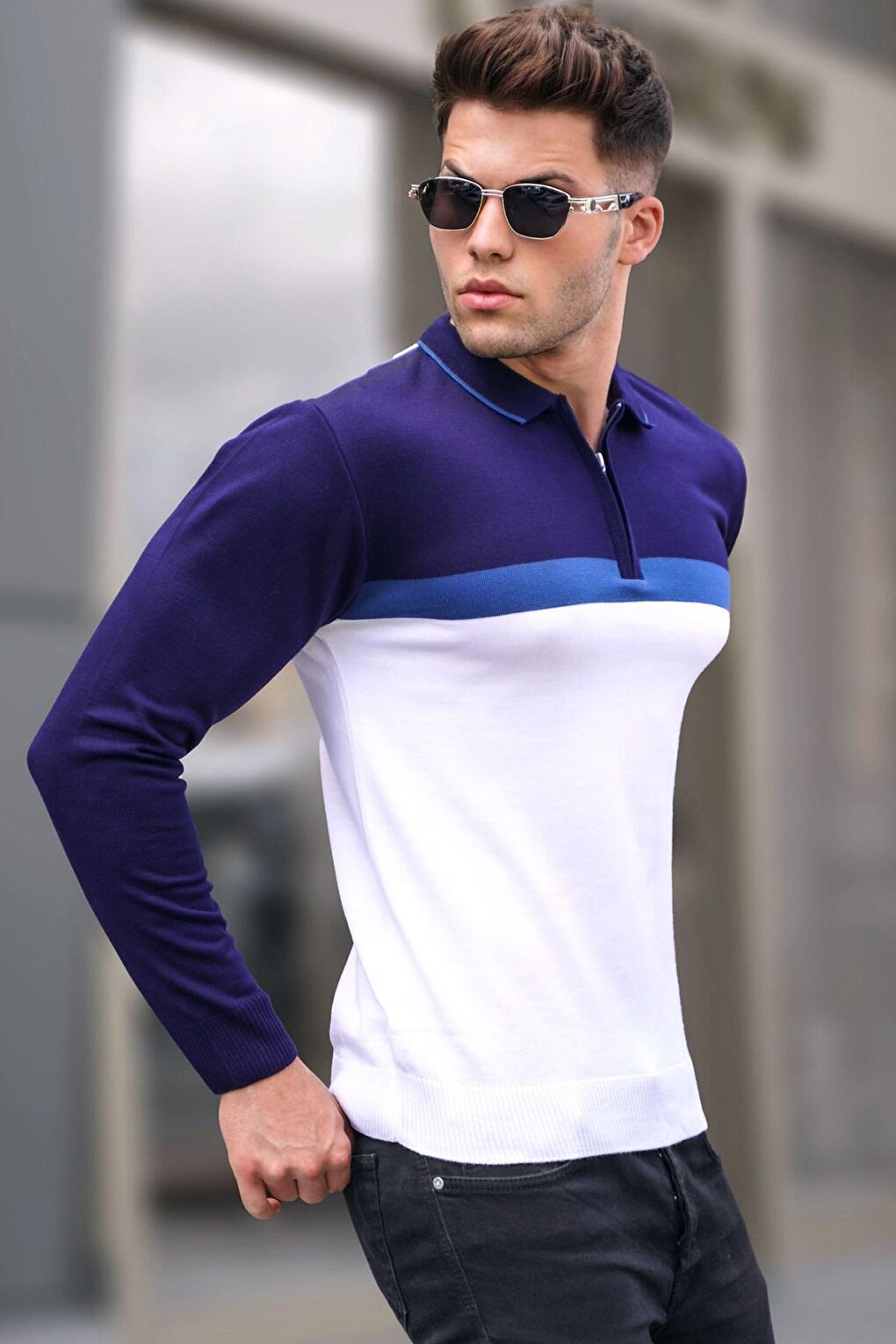 Ecru Zippered Polo Neck Knitwear Sweater 5787