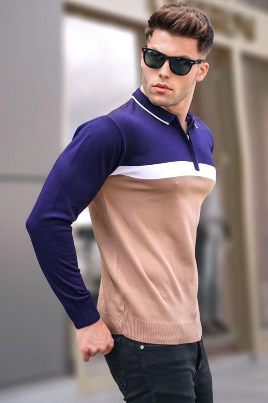 Beige Zippered Polo Neck Knitwear Sweater 5787