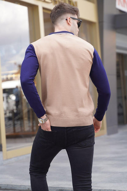 Beige Zippered Polo Neck Knitwear Sweater 5787