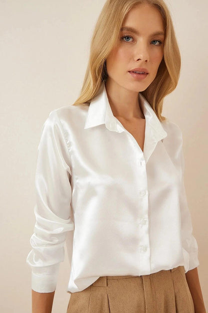 White Draped Viscose Basic Satin Shirt