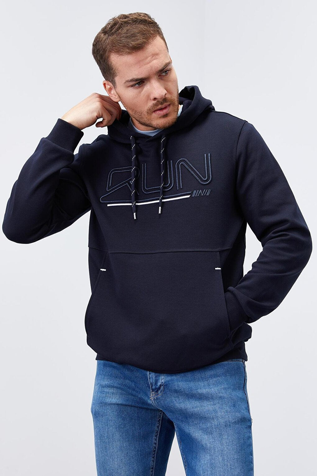 Navy Blue Text Embroidered Standard Fit Hooded Men's Sweatshirt - 87887