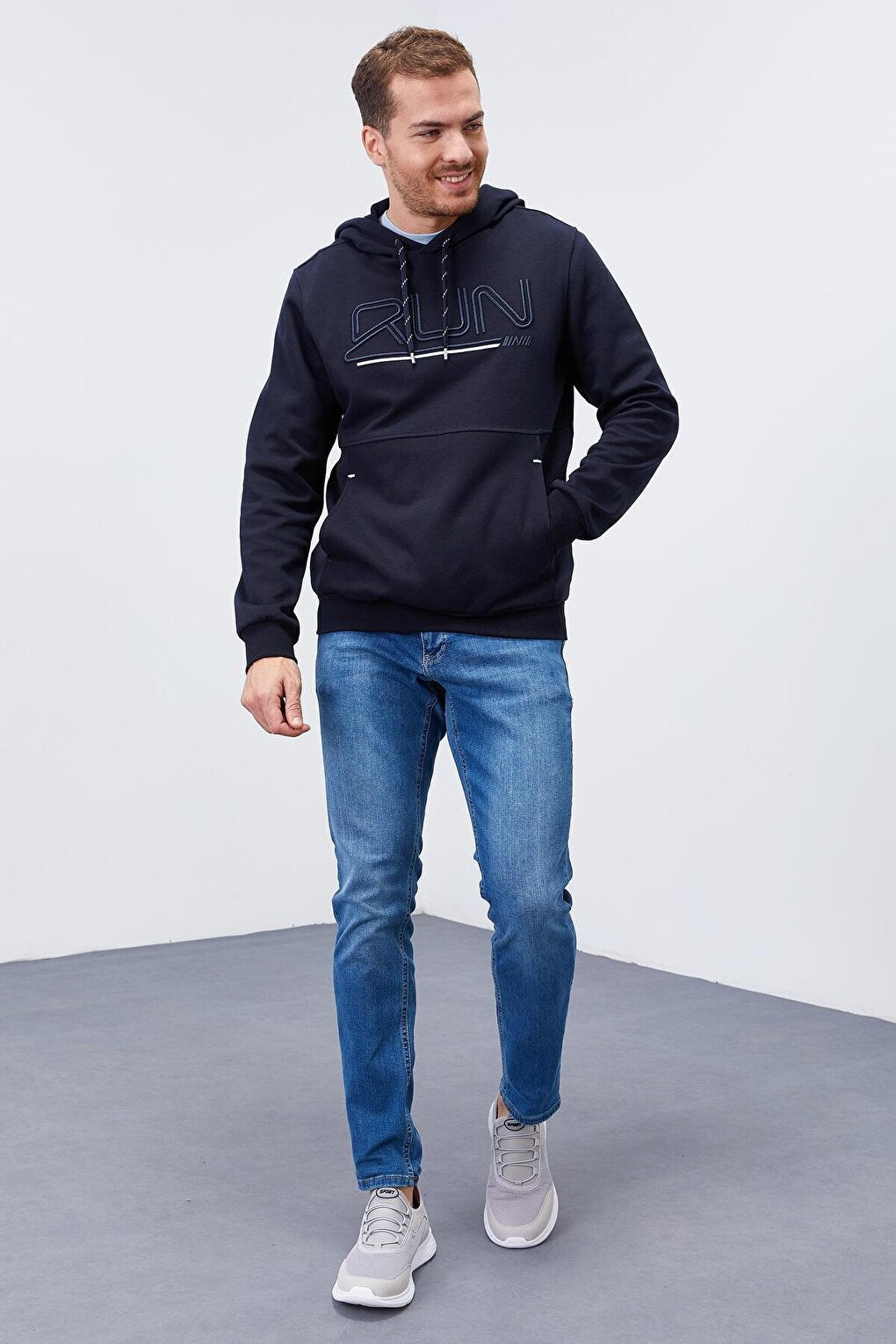 Navy Blue Text Embroidered Standard Fit Hooded Men's Sweatshirt - 87887