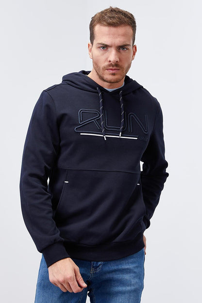 Navy Blue Text Embroidered Standard Fit Hooded Men's Sweatshirt - 87887