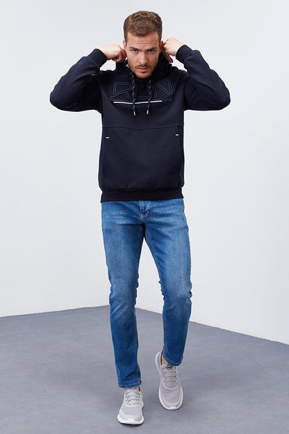 Navy Blue Text Embroidered Standard Fit Hooded Men's Sweatshirt - 87887