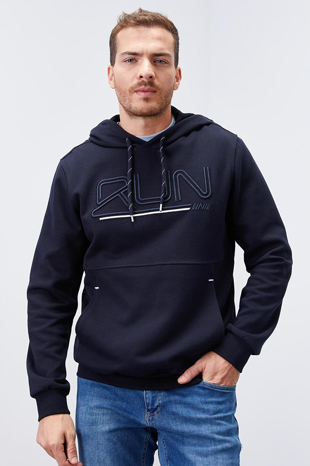 Navy Blue Text Embroidered Standard Fit Hooded Men's Sweatshirt - 87887