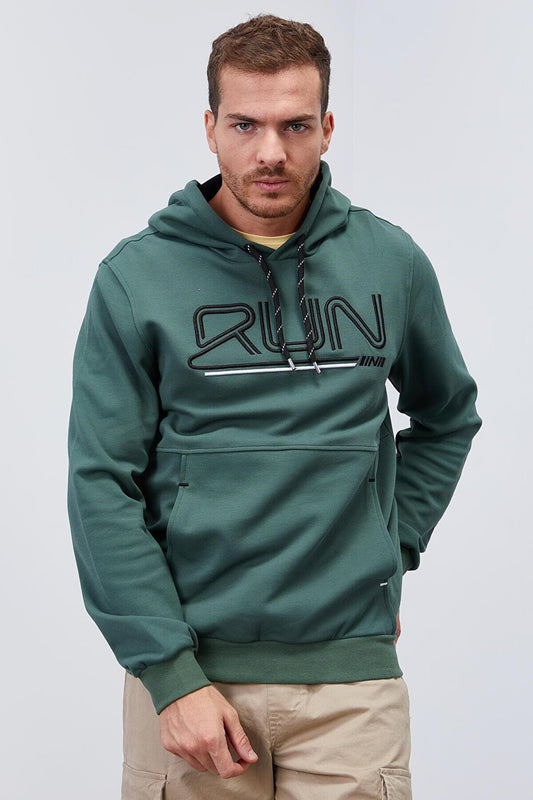 Green Text Embroidered Standard Fit Hooded Men's Sweatshirt - 87887