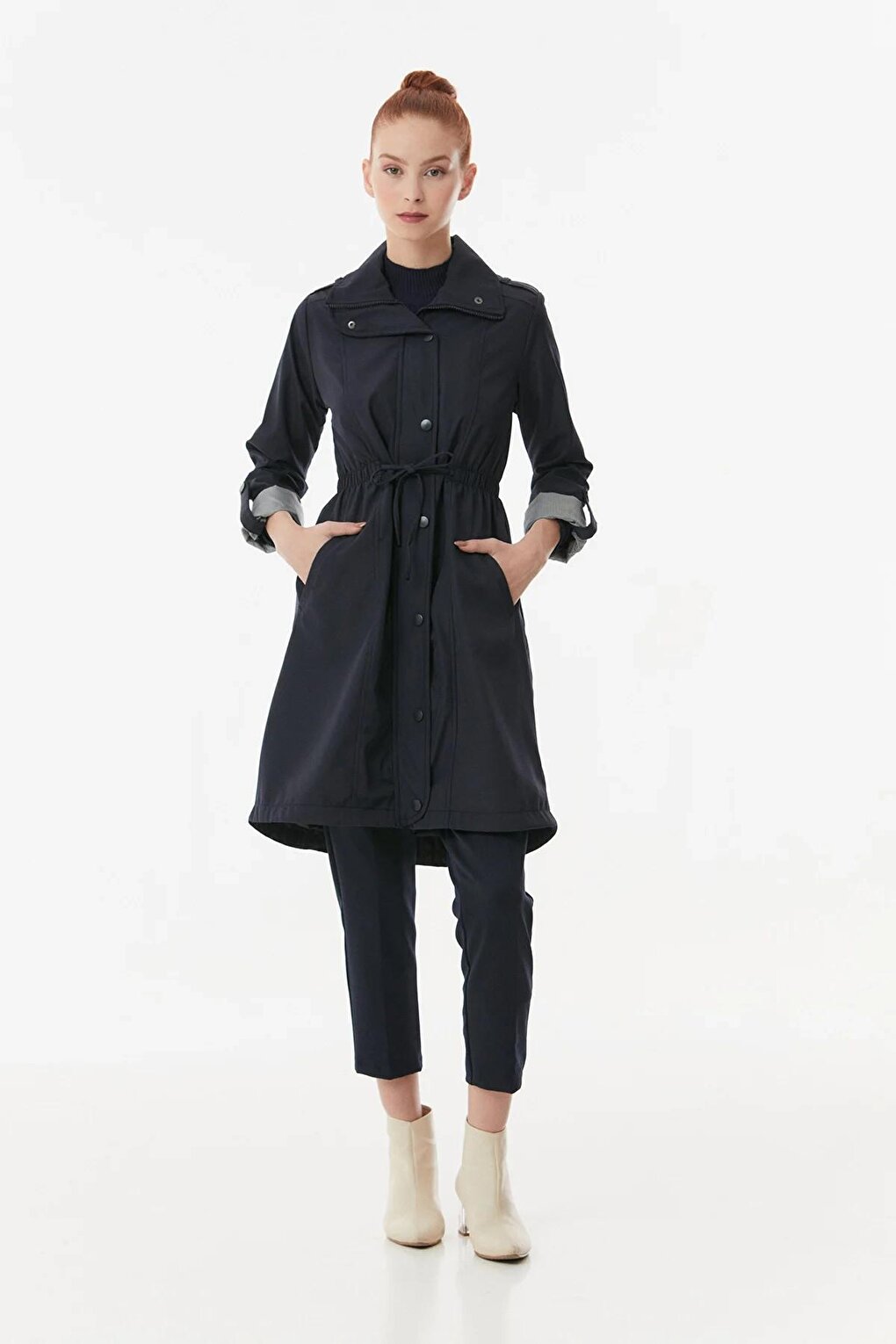 Women's Navy Blue Pocket Detailed Drawstring Waist Lined Long Trench Coat HZL23W-BD158081